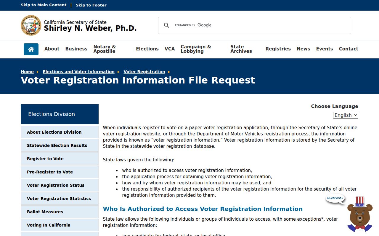 Moreno Valley resident lookup California voter information file request